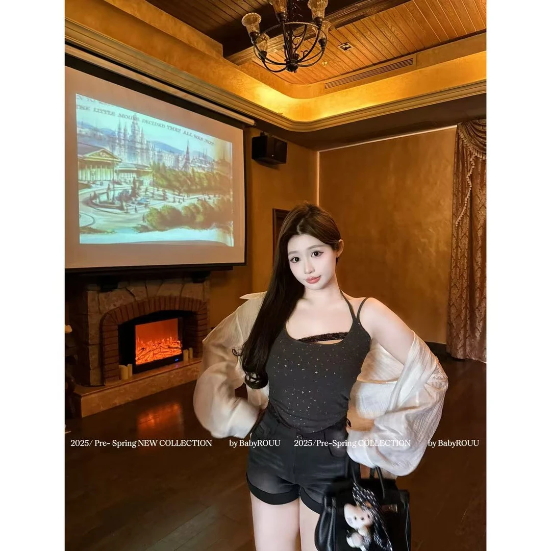 【现货】温与柔【夜幕星海】韩版设计感弹力烫银吊带超显腿长丰胯短裤