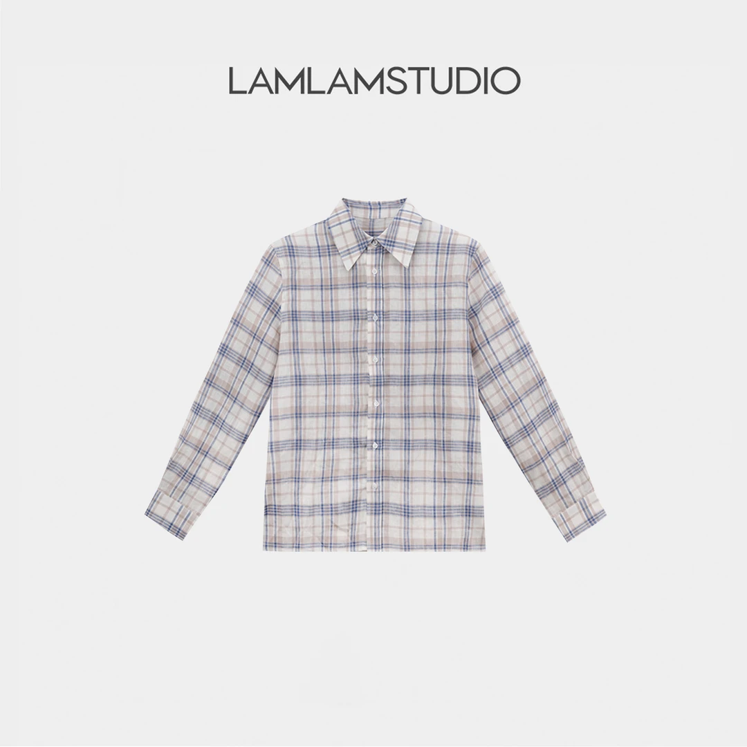 “藤花铃”【100%亚麻】撞色格纹翻领单排扣简约衬衫 张一琳 G406T