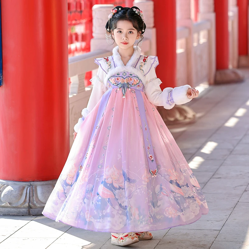 儿童古装汉服过年衣服连衣裙冬季加绒2025新款国风女童拜年服唐装