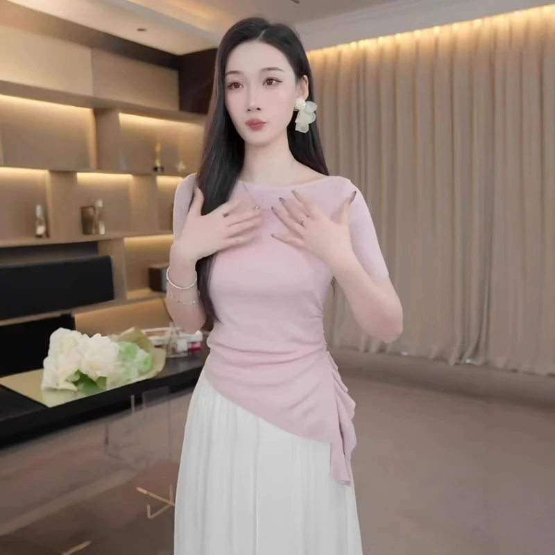 粉色一字领针织短袖t恤女2025新款爆款夏季设计感不规则纯欲上衣