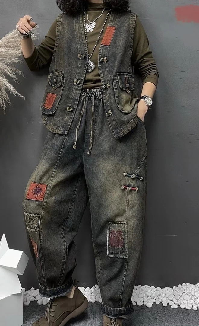 【妮妮】507款炒色牛仔马甲和裤子套装（衣长60裤长93）