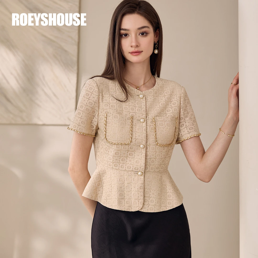 【RH】罗衣法式蕾丝收腰短外套女2025夏季杏色修身荷叶摆上衣11908