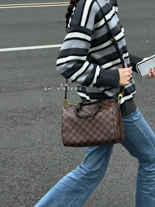 99新 LouisVuitton/路易威登 1298 棕色speedy 25棋盘格斜挎包