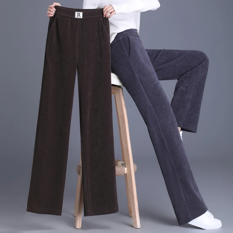 2025新款欧棉绒窄版阔腿裤女秋冬新款高腰宽松休闲直筒长裤【久】