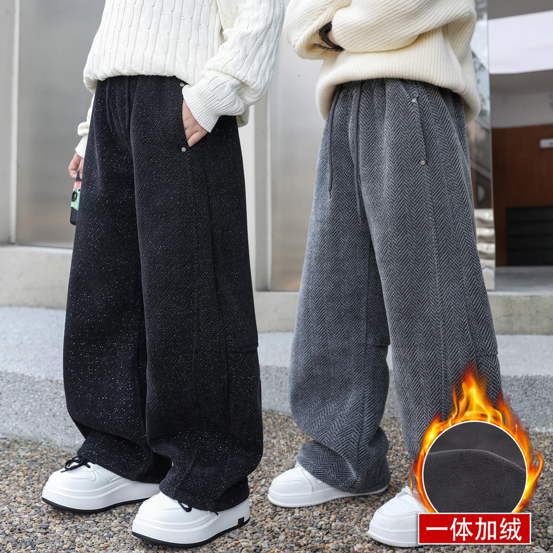 男童加绒裤子秋冬宽松2025中大童休闲韩版长裤儿童冬季加厚保暖潮