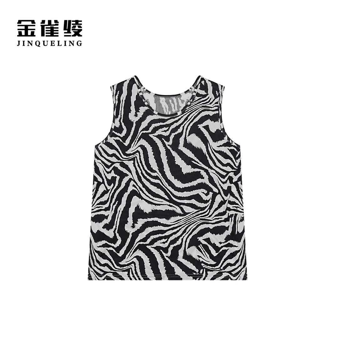 金雀绫【小斑马】100桑蚕丝时尚黑白高弹百搭背心SZAK5SZWB19