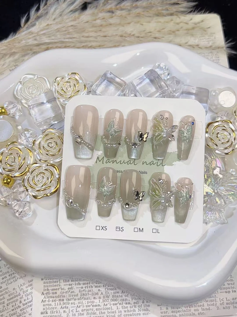 【34】夏季中长款纯手工穿戴甲轻奢锆石猫眼设计显白气质百搭