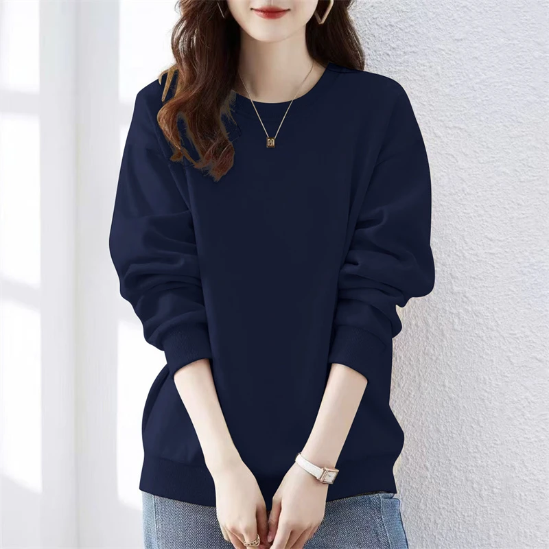 欧货薄款纯色圆领卫衣女春秋新款韩版宽松百搭套头上衣加绒保暖冬