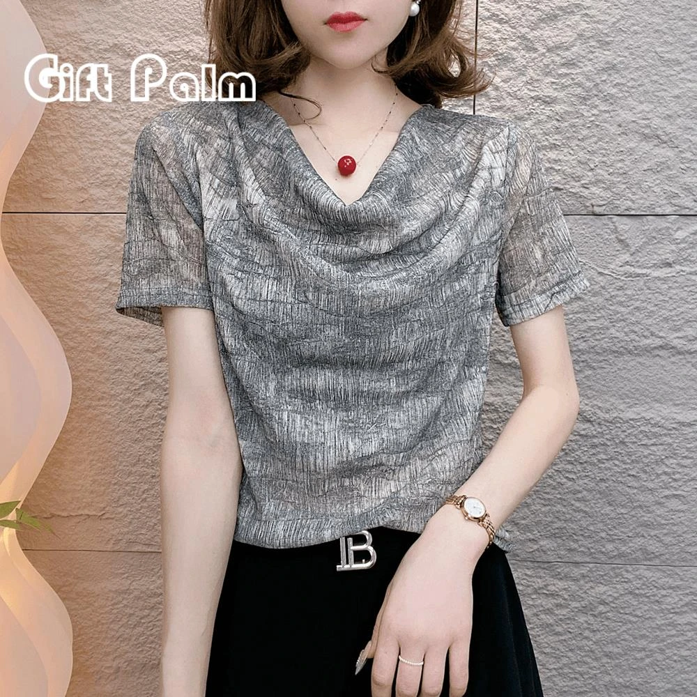 GiftPalm套头网纱岩石纹理气质减龄设计堆堆领短袖弹力中年女上衣