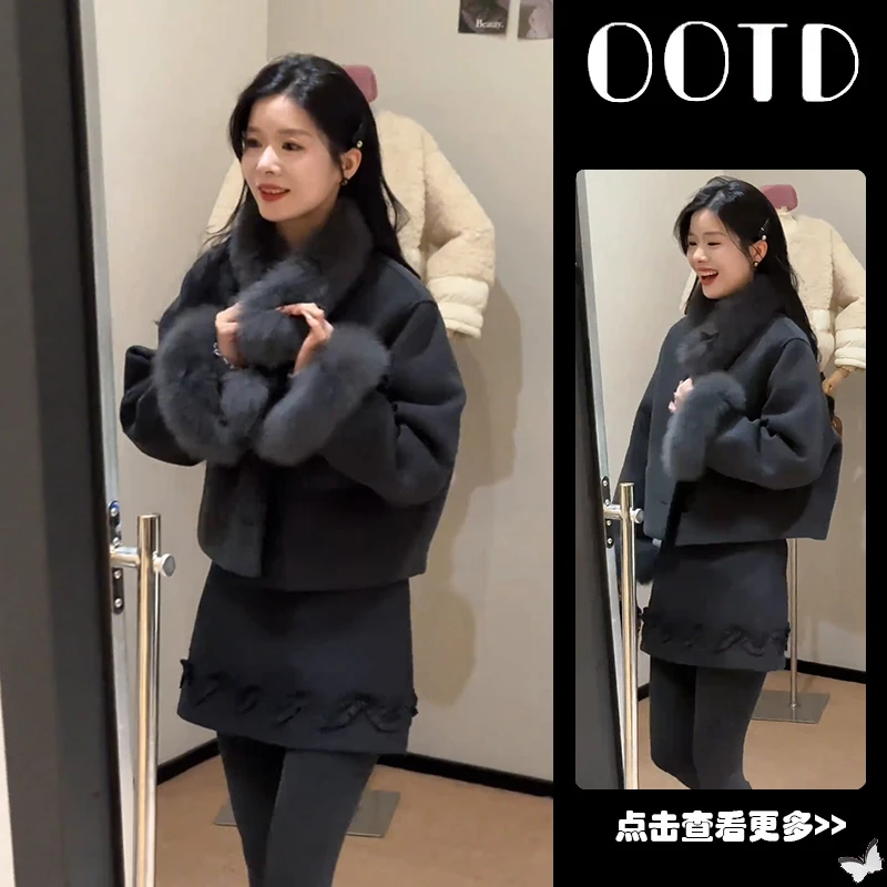 冬季流行穿搭一整套女2025新款洋气毛呢外套百搭花边短裙两件套