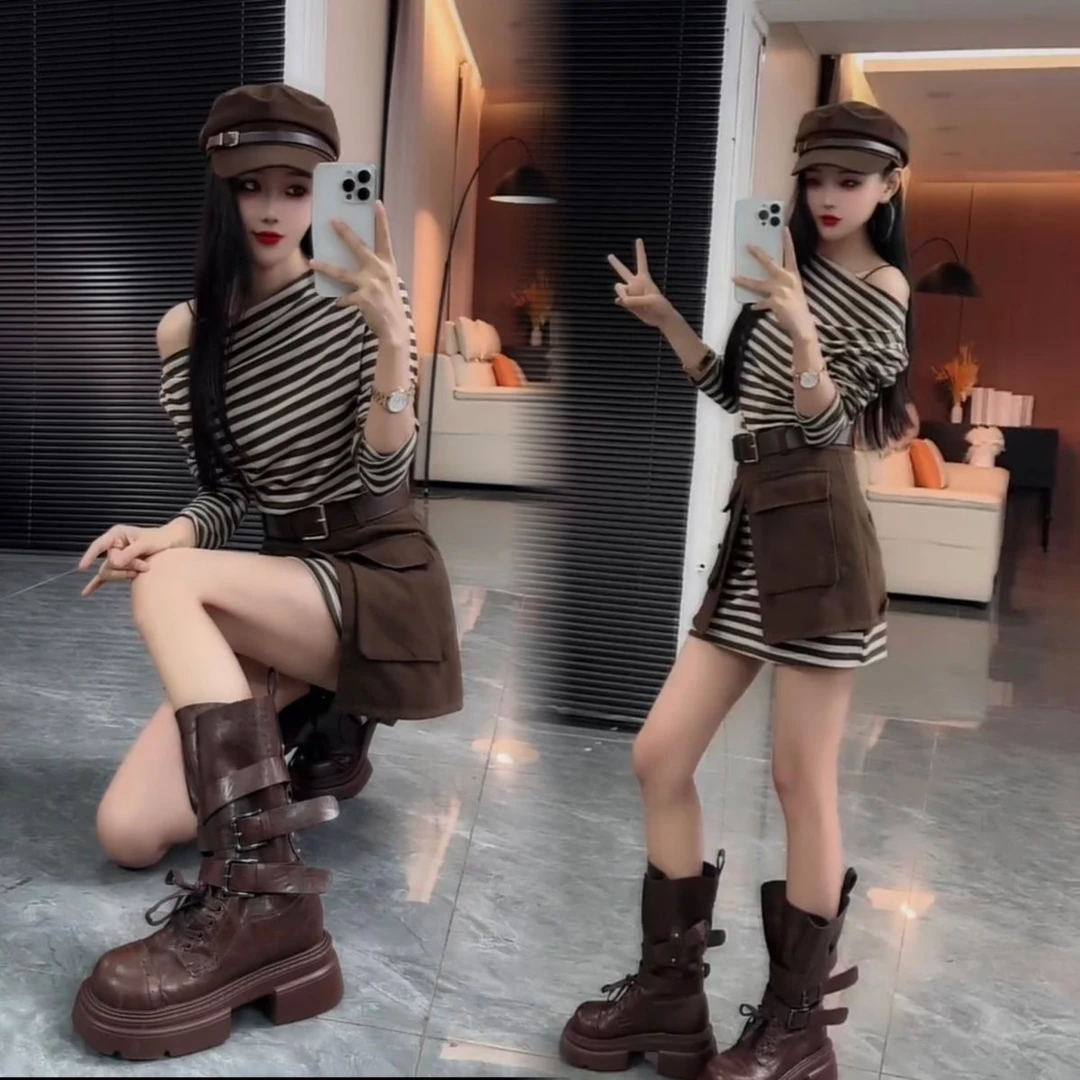 韩版气质一字肩条纹长袖T恤女秋季高腰显瘦百搭腰封工装裙两件套