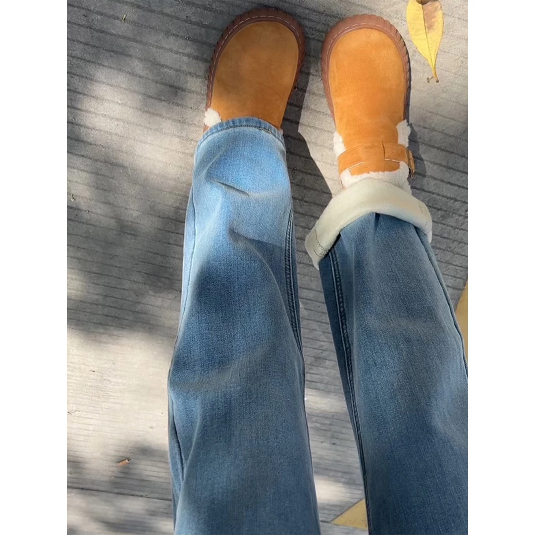 冬季款蓝色加绒加厚显瘦高腰阔腿牛仔裤女大码梨型窄版垂感直筒裤