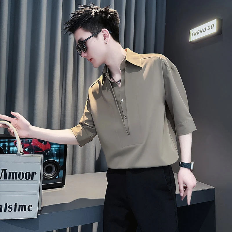 高级感衬衫男士假两件七分袖夏季2025爆款痞帅潮牌休闲短袖衬衣男