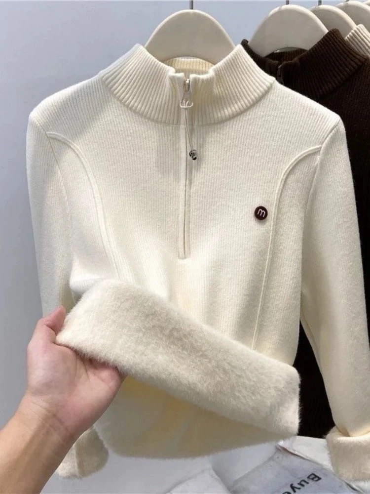 立领半拉链内搭针织衫毛衣女加绒加厚秋冬半高领正肩打底衫外穿