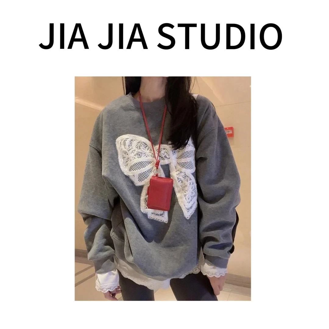 嘉嘉推荐 #8095款蕾丝蝴蝶结加绒上衣