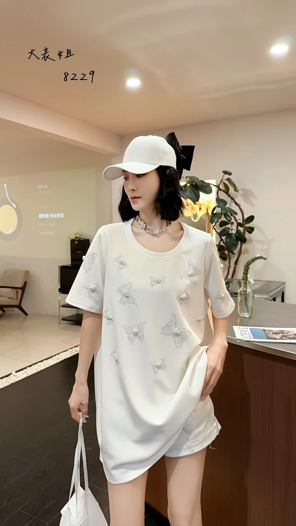 8229新款夏季薄款时尚百搭圆领T恤上衣蝴蝶钉珠烫钻短袖重工女装