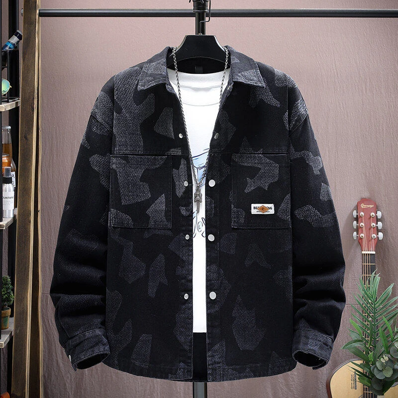 扎染中青年牛仔外套男士百搭修身春秋季夹克绅士时尚潮流翻领衬衫