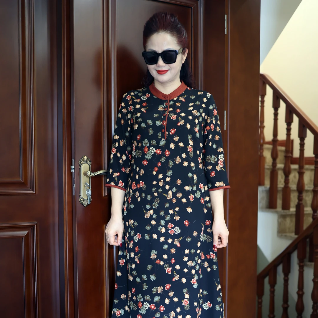 夏季双绉面料气质小花女装连衣裙066