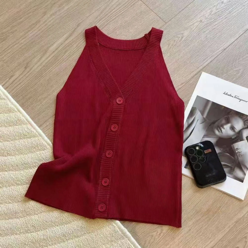 夏季韩系简约V领外穿针织背心2025夏季新款时尚设计感休闲百搭