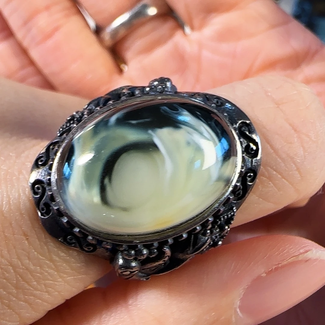 蜜蜡未镶嵌戒指荧光拉丝瓷白妖蜡戒指