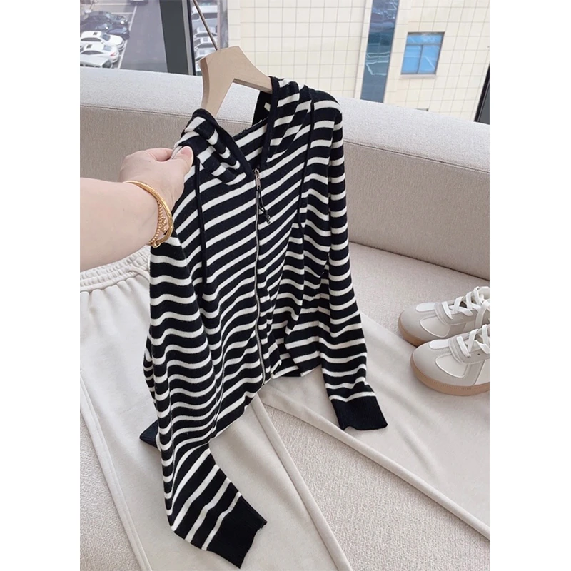 【丹姐家~条纹连帽开衫~】休闲松弛感双拉链羊毛针织开衫