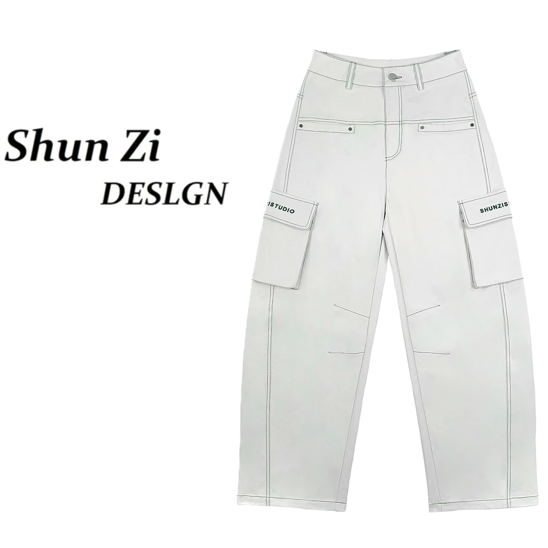 顺子/SZ6980 2025年春季新款原创时尚明线撞色刺绣美式弯刀裤