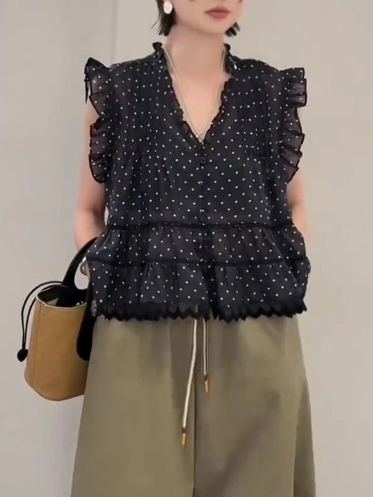 韩系小个子穿搭黑色波点衬衫2025夏季新款小飞袖遮肉显瘦百搭上衣