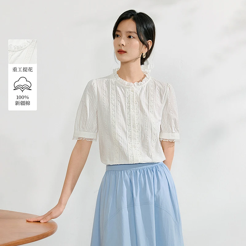 【一秒入夏】茵曼夏季100%纯棉荷叶边小立领提花蕾丝花边短袖衬衫女