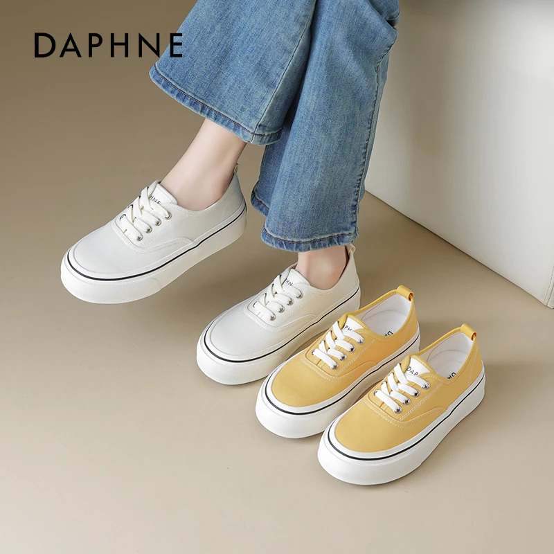 达芙妮黄色帆布鞋女款2025新款秋冬百搭小白鞋休闲女鞋薄款运动鞋