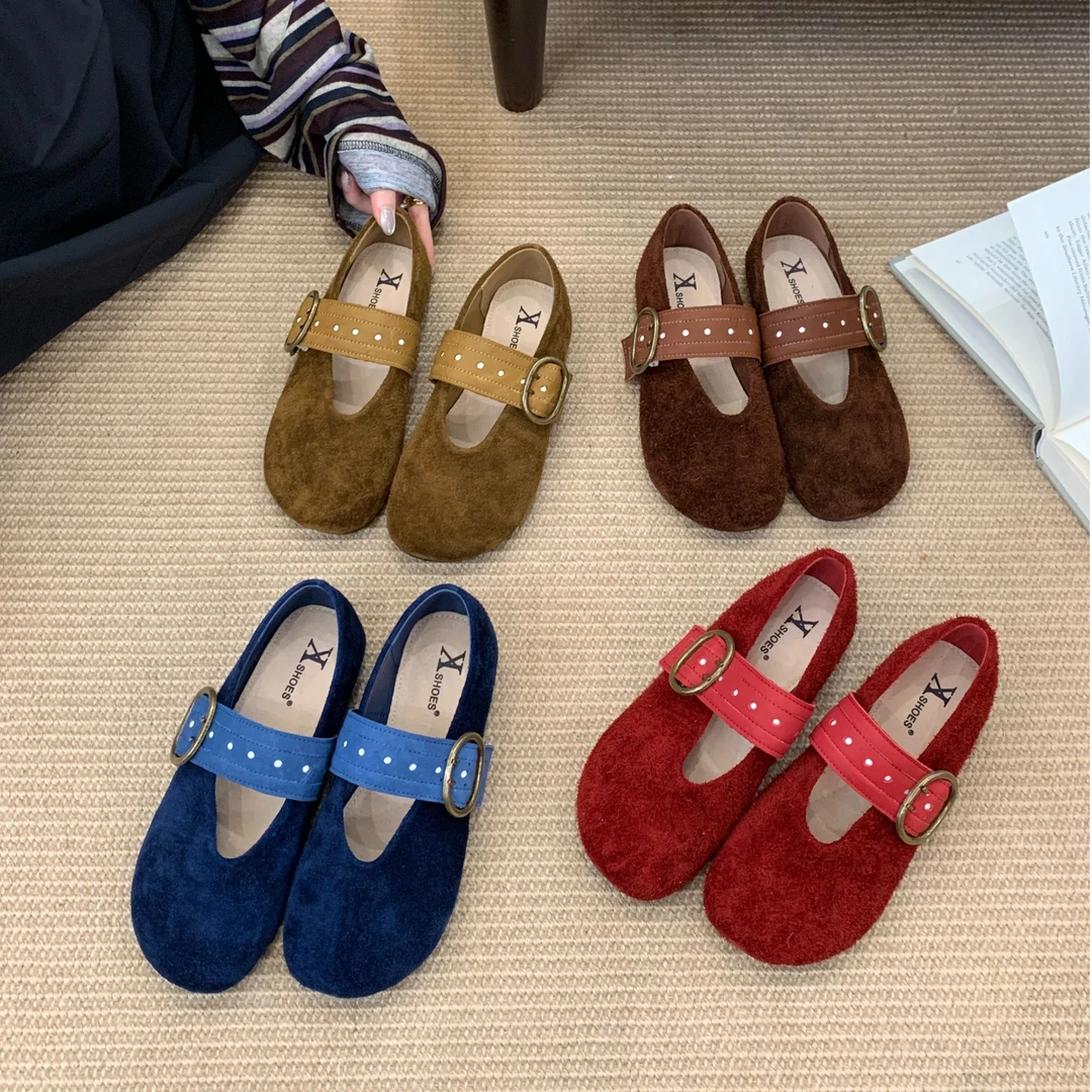 真皮复古圆头浅口一字扣玛丽珍鞋单鞋百搭女鞋软底豆豆鞋加绒