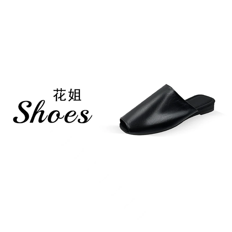鱼嘴半拖简约纯色包头拖低跟舒适平跟浅口平底包头拖鞋-137