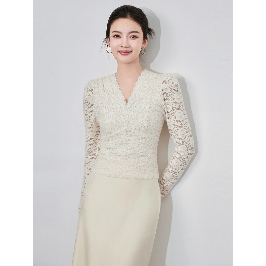 法式蕾丝打底衫女名媛气质修身加绒磨毛高级感时尚V领长袖针织衫