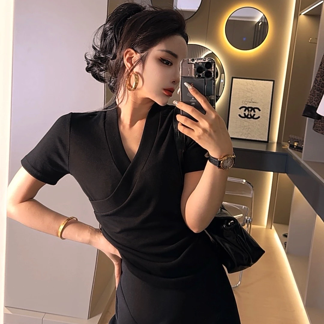 莎火火-夏季新款时尚褶皱收腰显瘦弹力v领体恤衫5228