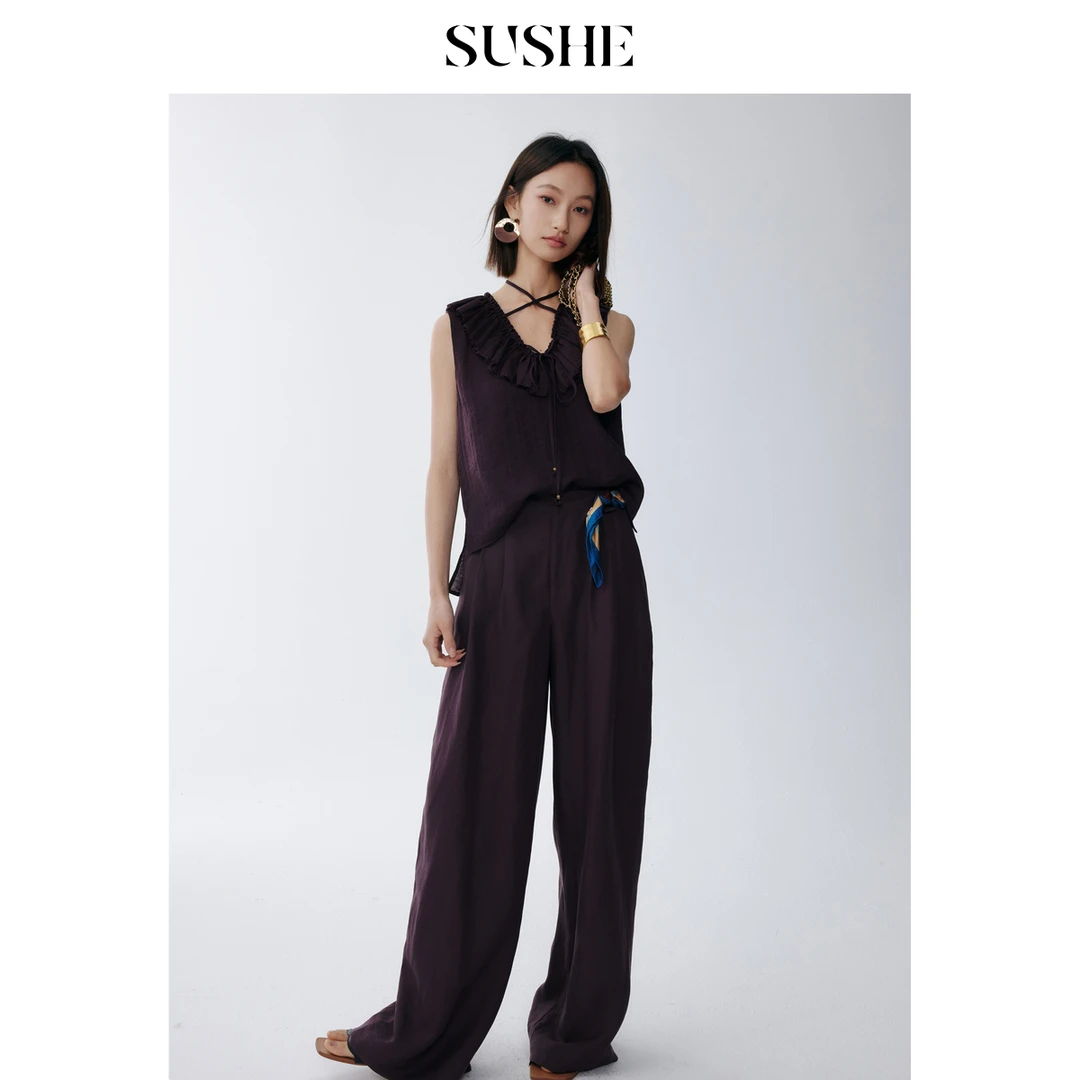 束皙SUSHE游遐多巴胺垂坠天丝亚麻系带显瘦宽松及地阔腿裤女夏