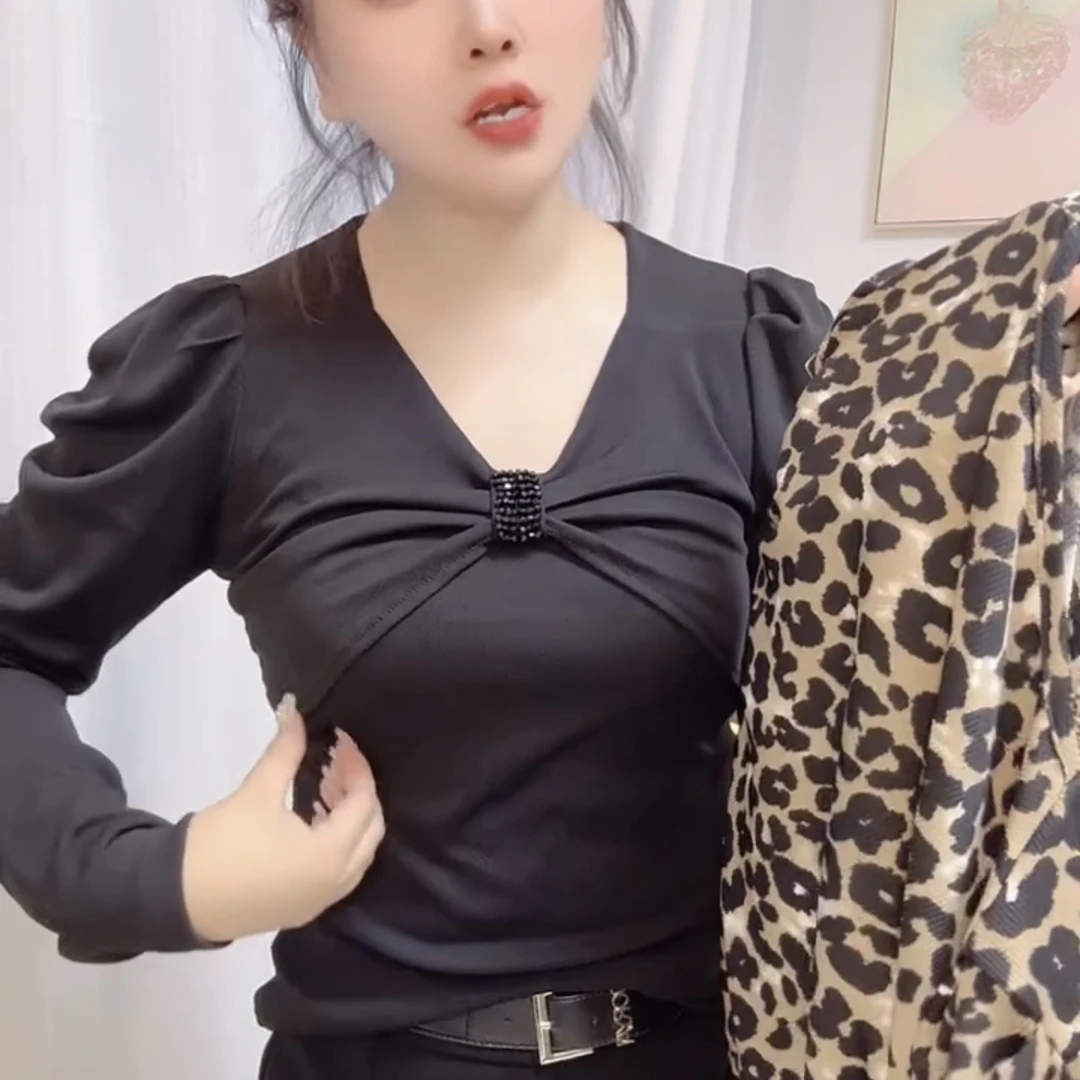 6589条纹棉豹纹少女风休闲风长袖V领T恤秋季修身欧若动感风