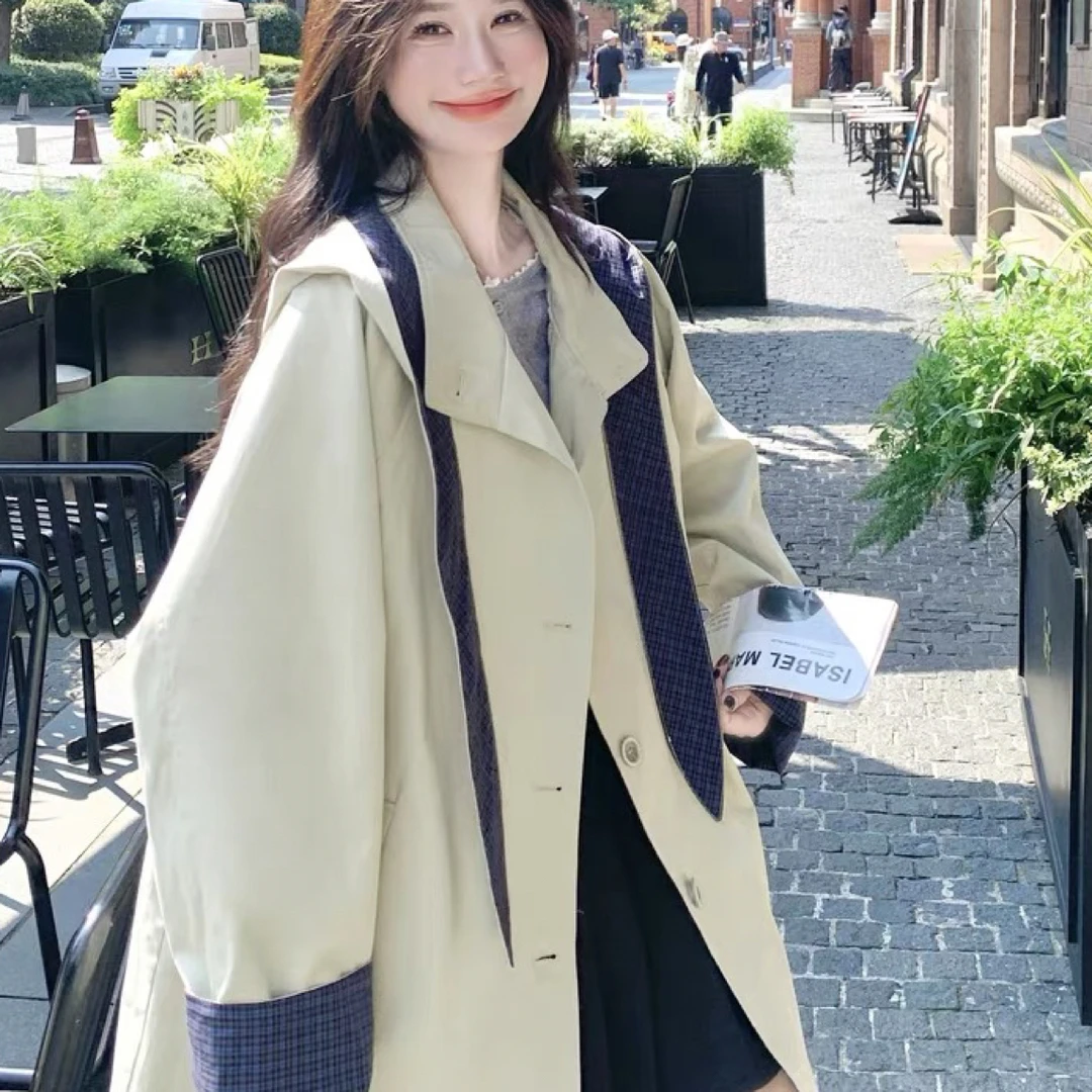 3539 格子连帽立领风衣外套