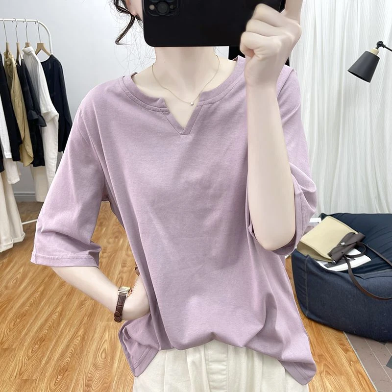 知性风衣服新款港风宽松纯棉短袖T恤女减龄时尚小领上衣设计感