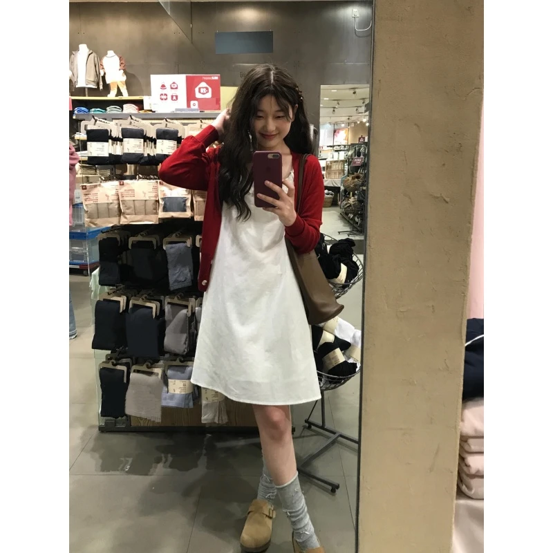 早春小众衣服设计感花边收腰显瘦小白裙温柔简约V领开衫百搭套装