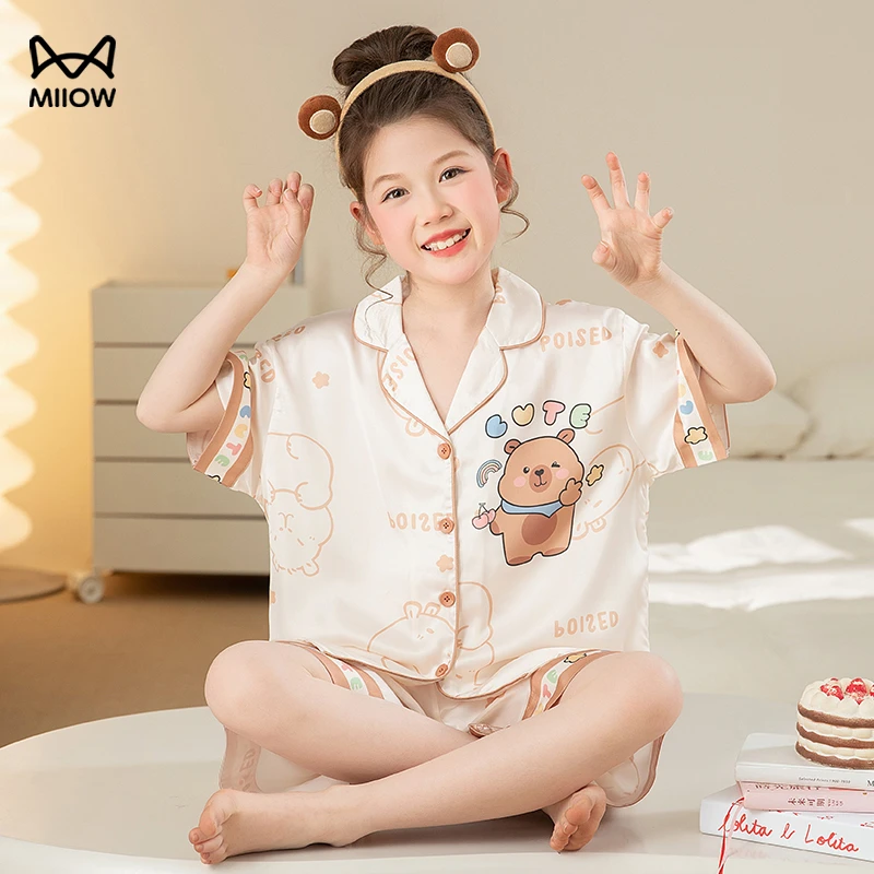 猫人儿童睡衣女童冰丝夏季短袖薄款卡通女孩大童套装家居服两件套