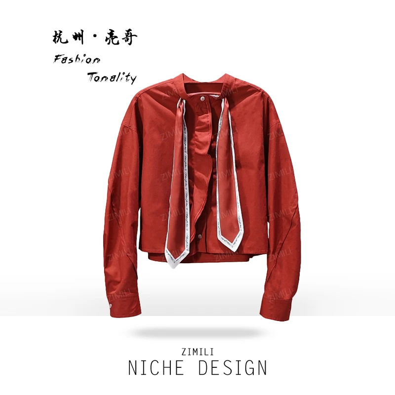 【亮哥女装】2025冬季加厚朱砂红亨利领丝巾弯刀袖欧版衬衫9917-Z4