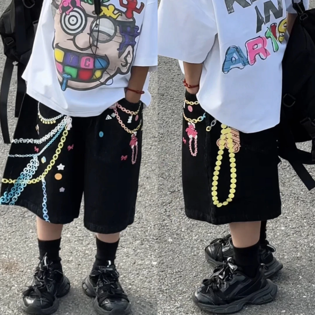 乐乐家儿童夏季新款多巴胺糖果链条印花中裤百搭宽松中大童牛仔裤