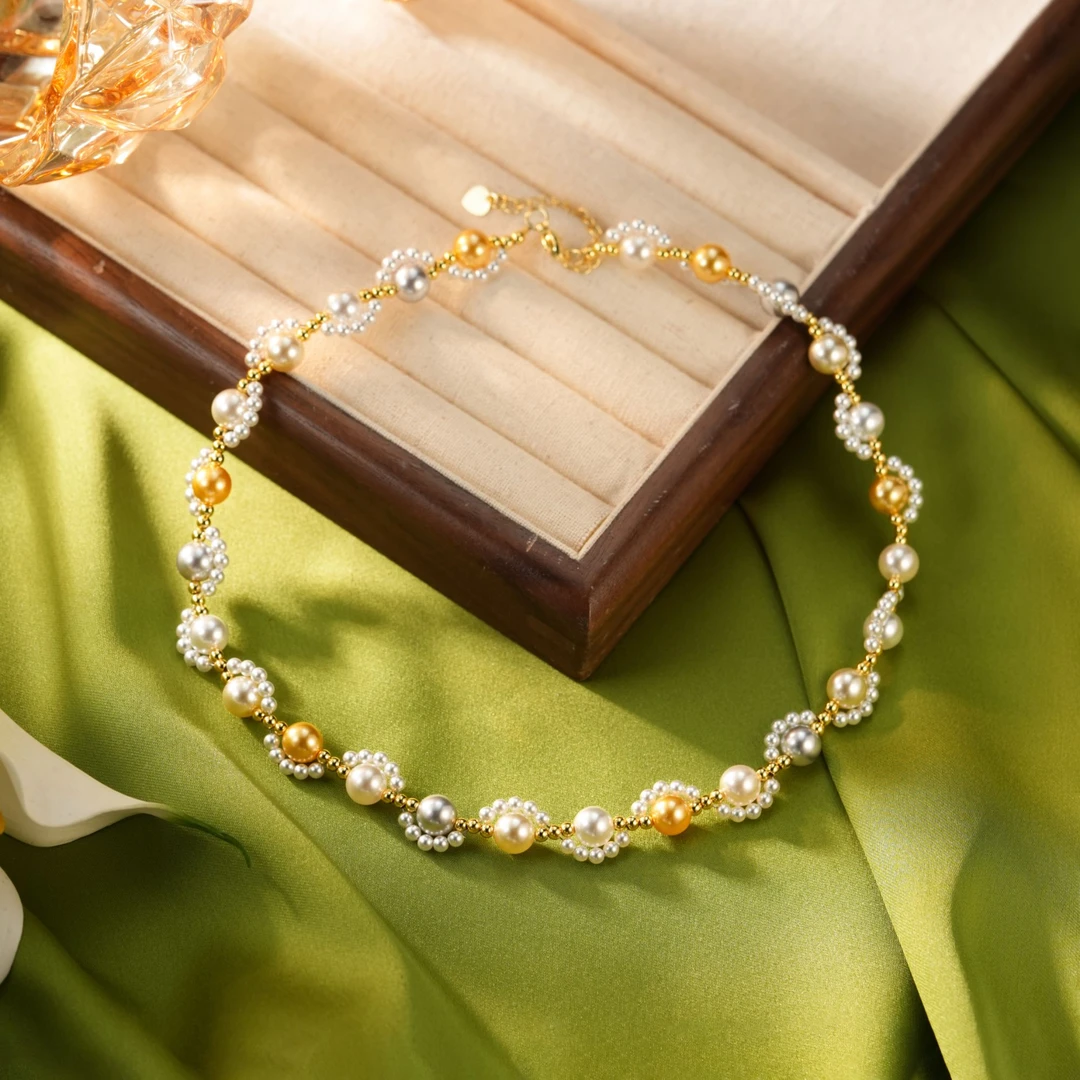 合金仿珍珠项链 《秘境花园》混彩小猫爪欧若风编织珠珠项链42+7cm