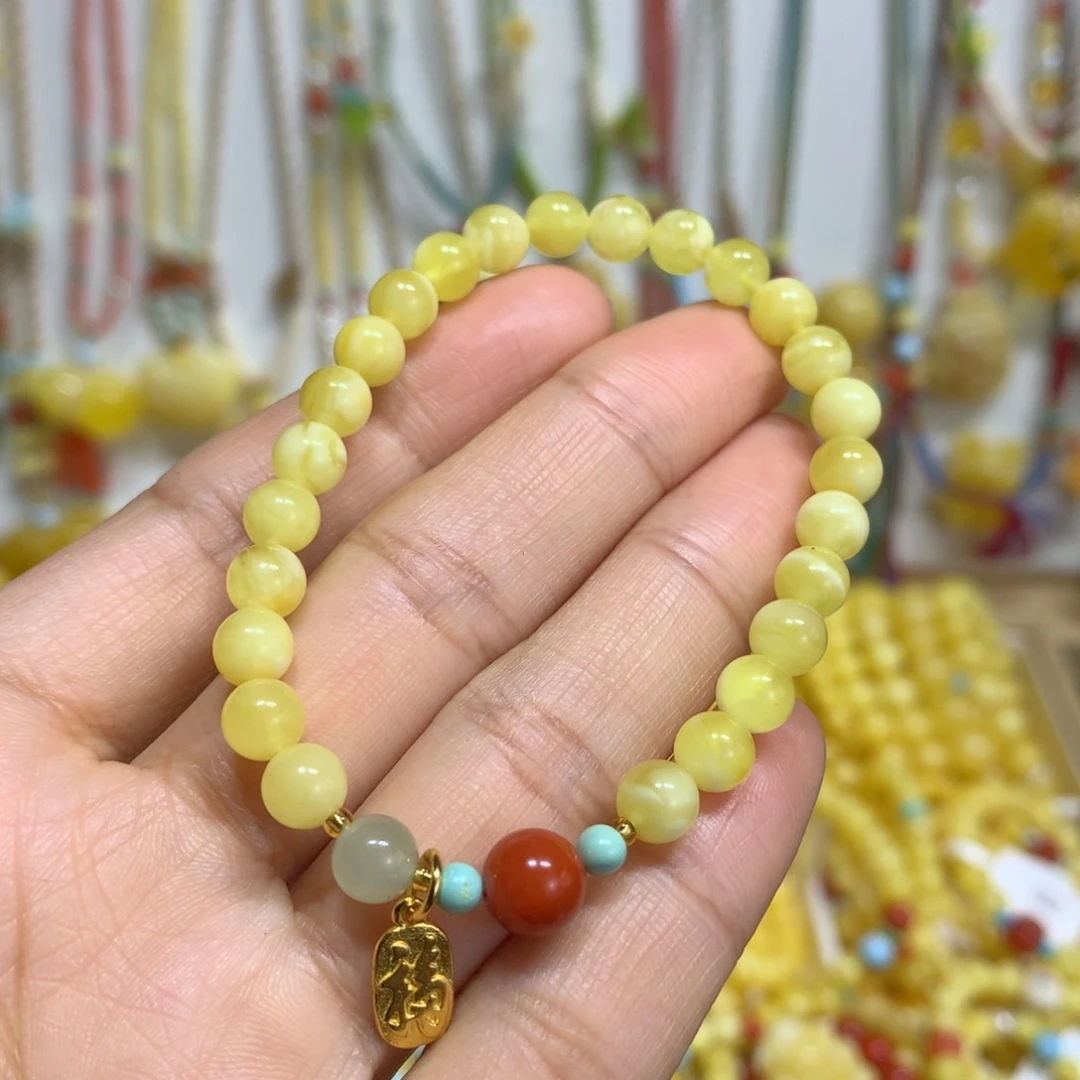 银S925镀金镶嵌蜜蜡手链6mm尺寸