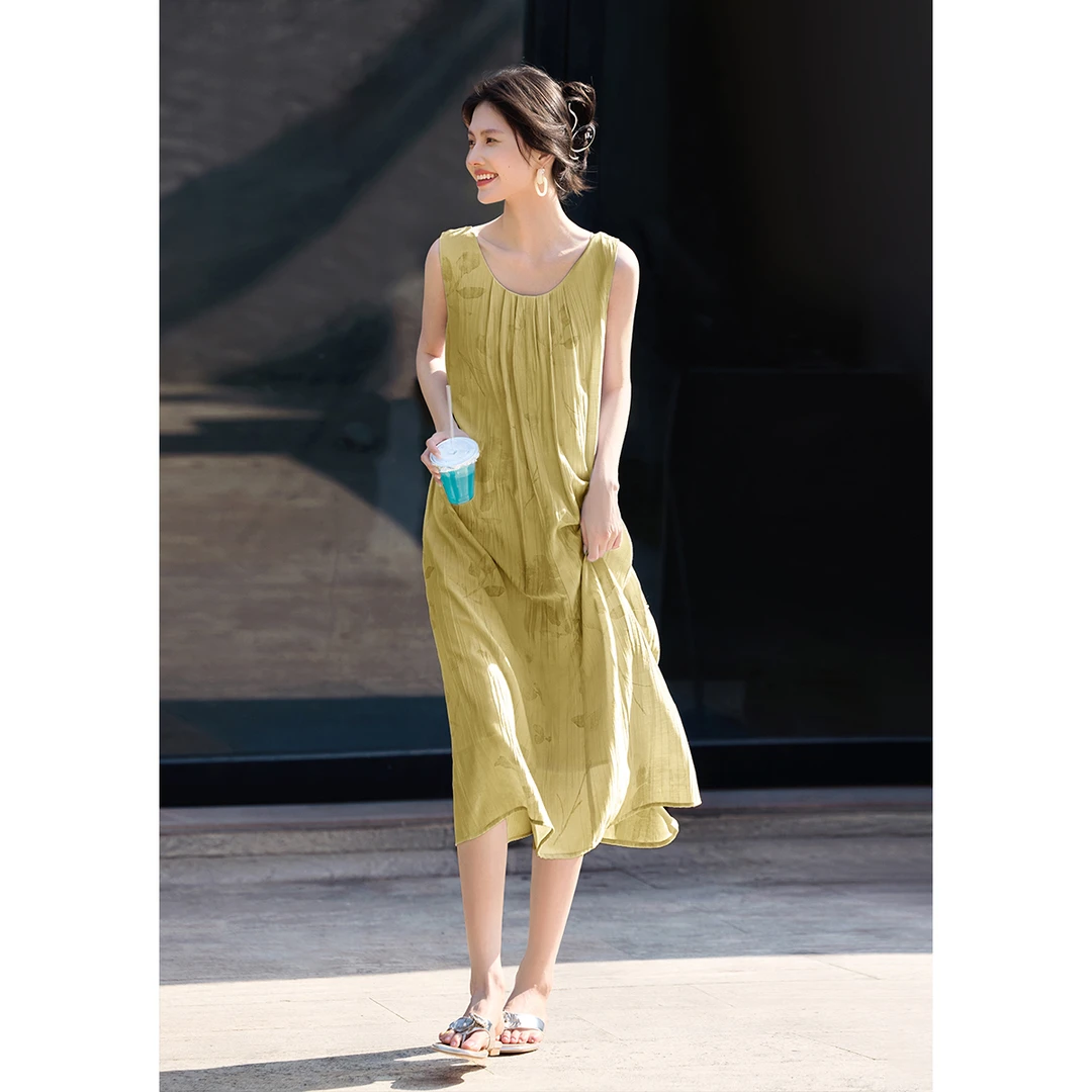 XWI/欣未2025夏季新款肌理感优雅气质印花吊带可两穿设计连衣裙女