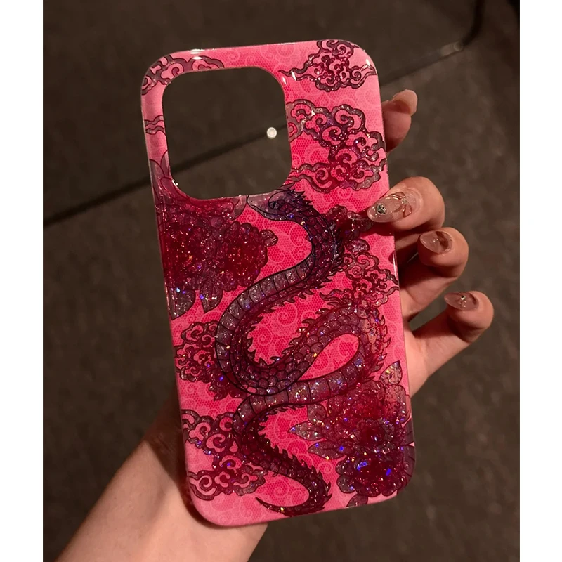 新年祥云粉蛇适用iPhone16promax苹果15手机壳13高级感14滴胶闪粉