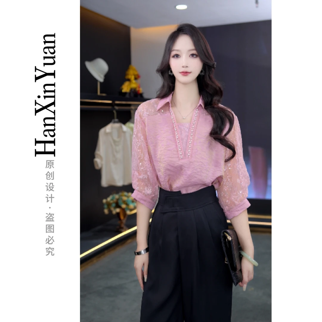 XG328-夏新款简约优雅宽松袋衬衫显瘦遮肉款洋气南油高定穿搭