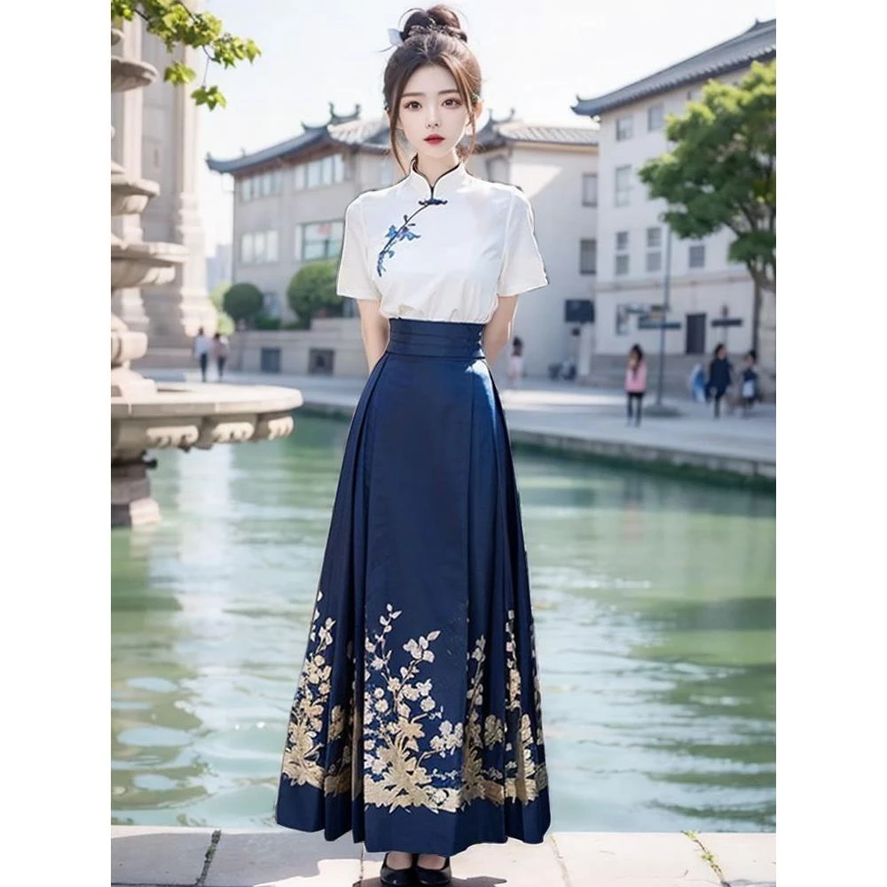 国风复古汉服绣花上衣马面裙套装2025夏季新款日常可穿时尚两件套