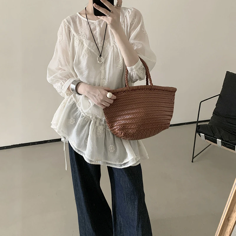 韩货-【柔光小雪花】初夏简约气质慵懒通勤小众设计感衬衫上衣/4058