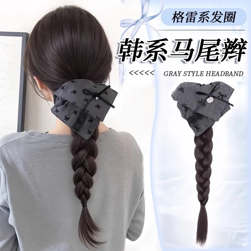 子女仿真发韩系低扎马尾方巾发圈麻花长辫子抓夹马尾假发