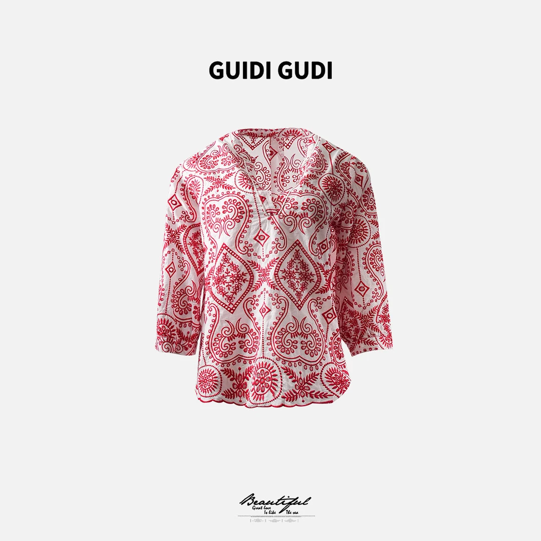 GUIDI GUDI【部落觉醒】黄加蓝休闲波西米亚长袖衬衫 C9511621H